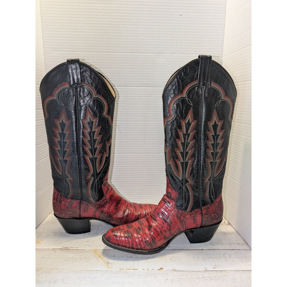 Vtg. Panhandle Slim Cowgirl Boots Cherry Red Teju Lizard Women's Size 7.5B